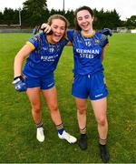 3 August 2019; Kamille Burke, left, and Hannah Glennon of Longford celebrate after the All-Ireland Ladies Football Minor B Final match between Longford and Roscommon at Duggan Park in Ballinasloe, Galway. Photo by Ray McManus/Sportsfile