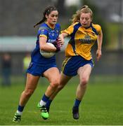 3 August 2019; Ciara Healy of Longford in action against Kelley Colgan of Roscommon during the All-Ireland Ladies Football Minor B Final match between Longford and Roscommon at Duggan Park in Ballinasloe, Galway. Photo by Ray McManus/Sportsfile