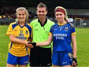 3 August 2019; Referee Kevin Corcoran with the two captains, Aimee O'Connor of Roscommon and Muireann Claffey of Longford, before the All-Ireland Ladies Football Minor B Final match between Longford and Roscommon at Duggan Park in Ballinasloe, Galway. Photo by Ray McManus/Sportsfile