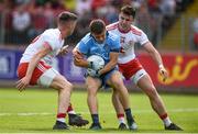 4 August 2019; Eoin Murchan of Dublin in action against Richard Donnelly and Connor McAliskey of Tyrone during the GAA Football All-Ireland Senior Championship Quarter-Final Group 2 Phase 3 match between Tyrone and Dublin at Healy Park in Omagh, Tyrone. Photo by Oliver McVeigh/Sportsfile