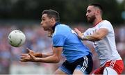 4 August 2019; Paddy Andrews of Dublin in action against Pádraig Hampsey of Tyrone during the GAA Football All-Ireland Senior Championship Quarter-Final Group 2 Phase 3 match between Tyrone and Dublin at Healy Park in Omagh, Tyrone. Photo by Brendan Moran/Sportsfile