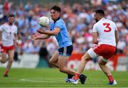 4 August 2019; Eric Lowndes of Dublin in action against Pádraig Hampsey of Tyrone during the GAA Football All-Ireland Senior Championship Quarter-Final Group 2 Phase 3 match between Tyrone and Dublin at Healy Park in Omagh, Tyrone. Photo by Brendan Moran/Sportsfile