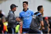 4 August 2019; Diarmuid Connolly of Dublin is greeted by Dublin manager Jim Gavin as he leaves the pitch after being shown a black card during the GAA Football All-Ireland Senior Championship Quarter-Final Group 2 Phase 3 match between Tyrone and Dublin at Healy Park in Omagh, Tyrone. Photo by Brendan Moran/Sportsfile