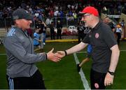 4 August 2019; Dublin manager Jim Gavin, left, and Tyrone manager Mickey Harte shake hands after the GAA Football All-Ireland Senior Championship Quarter-Final Group 2 Phase 3 match between Tyrone and Dublin at Healy Park in Omagh, Tyrone. Photo by Brendan Moran/Sportsfile