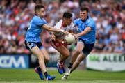 4 August 2019; Michael McKernan of Tyrone is tackled by Cian O'Connor, left, and Robert McDaid of Dublin during the GAA Football All-Ireland Senior Championship Quarter-Final Group 2 Phase 3 match between Tyrone and Dublin at Healy Park in Omagh, Tyrone. Photo by Brendan Moran/Sportsfile