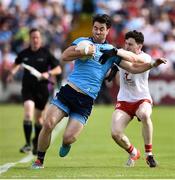4 August 2019; Michael Darragh MacAuley of Dublin in action against Rory Brennan of Tyrone during the GAA Football All-Ireland Senior Championship Quarter-Final Group 2 Phase 3 match between Tyrone and Dublin at Healy Park in Omagh, Tyrone. Photo by Oliver McVeigh/Sportsfile