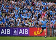 4 August 2019; Eoghan O'Gara of Dublin celebrates after scoring his side's first goal during the GAA Football All-Ireland Senior Championship Quarter-Final Group 2 Phase 3 match between Tyrone and Dublin at Healy Park in Omagh, Tyrone. Photo by Brendan Moran/Sportsfile