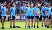 4 August 2019; Diarmuid Connolly of Dublin, centre, stands for the anthem before the GAA Football All-Ireland Senior Championship Quarter-Final Group 2 Phase 3 match between Tyrone and Dublin at Healy Park in Omagh, Tyrone. Photo by Oliver McVeigh/Sportsfile