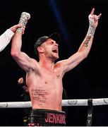3 August 2019; Chris Jenkins celebrates his victory against Paddy Gallagher during their welterweight bout at Falls Park in Belfast. Photo by Ramsey Cardy/Sportsfile