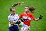 5 August 2019; Eimear Traynor of Monaghan in action against Abbie O'Mahony of Cork during the All-Ireland Ladies Football Minor A Championship Final match between Cork and Monaghan at Bord na Móna O'Connor Park in Tullamore, Offaly. Photo by Piaras Ó Mídheach/Sportsfile