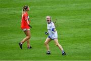 5 August 2019; Eimear Traynor of Monaghan celebrates winning a free as Claudia Keane of Cork looks on during the All-Ireland Ladies Football Minor A Championship Final match between Cork and Monaghan at Bord na Móna O'Connor Park in Tullamore, Offaly. Photo by Piaras Ó Mídheach/Sportsfile