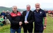3 August 2019; Tom Ryan, Cathaoirleach, National Poc Fada Committee, centre, and event sponsor Martin Donnelly, right, present Billy Tobin of Waterford United with the Hall of Fame award during the 2019 M. Donnelly GAA All-Ireland Poc Fada Finals at Annaverna Mountain in the Cooley Peninsula, Ravensdale, Co Louth. Photo by Piaras Ó Mídheach/Sportsfile