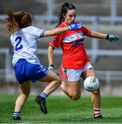 5 August 2019; Fiona Keating of Cork scores her side's second goal as Caoimhe Brennan of Monaghan closes in during the All-Ireland Ladies Football Minor A Championship Final match between Cork and Monaghan at Bord na Móna O'Connor Park in Tullamore, Offaly. Photo by Piaras Ó Mídheach/Sportsfile