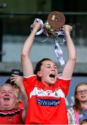 5 August 2019; Cork captain Abbie O'Mahony lifts The Aisling McGing Minor 'A' Cup after the All-Ireland Ladies Football Minor A Championship Final match between Cork and Monaghan at Bord na Móna O'Connor Park in Tullamore, Offaly. Photo by Piaras Ó Mídheach/Sportsfile