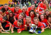5 August 2019; Cork players celebrate with The Aisling McGing Minor 'A' Cup after the All-Ireland Ladies Football Minor A Championship Final match between Cork and Monaghan at Bord na Móna O'Connor Park in Tullamore, Offaly. Photo by Piaras Ó Mídheach/Sportsfile