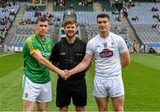 23 June 2019; Referee Chris Dwyer with captains,  Michael Flood of Meath and Séamus Hanafin of Kildare, before during the Leinster Junior Football Championship Final match between Meath and Kildare at Croke Park in Dublin. Photo by Ray McManus/Sportsfile