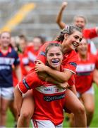 5 August 2019; Cork players Áine Keating, front, and Faye Ahern celebrate after the All-Ireland Ladies Football Minor A Championship Final match between Cork and Monaghan at Bord na Móna O'Connor Park in Tullamore, Offaly. Photo by Piaras Ó Mídheach/Sportsfile