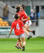 5 August 2019; Cork players, from left, Rachel Sheehan, Ellen Baker, and Fiona Keating celebrate after the All-Ireland Ladies Football Minor A Championship Final match between Cork and Monaghan at Bord na Móna O'Connor Park in Tullamore, Offaly. Photo by Piaras Ó Mídheach/Sportsfile