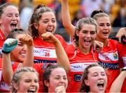 5 August 2019; Cork players celebrate after the All-Ireland Ladies Football Minor A Championship Final match between Cork and Monaghan at Bord na Móna O'Connor Park in Tullamore, Offaly. Photo by Piaras Ó Mídheach/Sportsfile