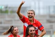 5 August 2019; Cork players Eve Mullins, top, and Bridget Wall celebrate after the All-Ireland Ladies Football Minor A Championship Final match between Cork and Monaghan at Bord na Móna O'Connor Park in Tullamore, Offaly. Photo by Piaras Ó Mídheach/Sportsfile