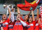 5 August 2019; Cork supporter Shane Murphy sings with the players after the All-Ireland Ladies Football Minor A Championship Final match between Cork and Monaghan at Bord na Móna O'Connor Park in Tullamore, Offaly. Photo by Piaras Ó Mídheach/Sportsfile