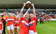 5 August 2019; Cork players Eve Mullins, left, and Abbie O'Mahony celebrate with The Aisling McGing Minor 'A' Cup after the All-Ireland Ladies Football Minor A Championship Final match between Cork and Monaghan at Bord na Móna O'Connor Park in Tullamore, Offaly. Photo by Piaras Ó Mídheach/Sportsfile
