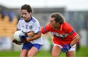 5 August 2019; Hannah Sherlock of Monaghan in action against Róisín Ní Chorcora of Cork during the All-Ireland Ladies Football Minor A Championship Final match between Cork and Monaghan at Bord na Móna O'Connor Park in Tullamore, Offaly. Photo by Piaras Ó Mídheach/Sportsfile