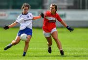 5 August 2019; Hannah Sherlock of Monaghan in action against Róisín Ní Chorcora of Cork during the All-Ireland Ladies Football Minor A Championship Final match between Cork and Monaghan at Bord na Móna O'Connor Park in Tullamore, Offaly. Photo by Piaras Ó Mídheach/Sportsfile