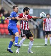 5 August 2019; Gerardo Bruna of Derry City in action against Tom Holland of Waterford United during the EA Sports Cup semi-final match between Derry City and Waterford at Ryan McBride Brandywell Stadium in Derry. Photo by Oliver McVeigh/Sportsfile