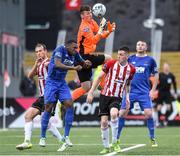 5 August 2019; Matthew Connor of Waterford United takes the ball ahead of David Parkhouse of Derry City during the EA Sports Cup semi-final match between Derry City and Waterford at Ryan McBride Brandywell Stadium in Derry. Photo by Oliver McVeigh/Sportsfile