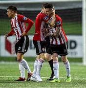 5 August 2019; David Parkhouse of Derry City celebrates with Ciaran Coll after scoring his and his sides fourth goal in extra time during the EA Sports Cup semi-final match between Derry City and Waterford United at Ryan McBride Brandywell Stadium in Derry. Photo by Oliver McVeigh/Sportsfile