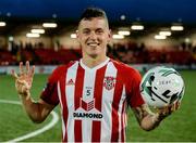 5 August 2019; David Parkhouse of Derry City, four goal hero, with the match ball after the EA Sports Cup semi-final match between Derry City and Waterford United at Ryan McBride Brandywell Stadium in Derry. Photo by Oliver McVeigh/Sportsfile
