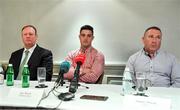 6 August 2019; In attendance during a Times Square Boxing Co. press conference at The Westbury Hotel in Dublin, are, from left, Joe Winters of Times Square Boxing Co., boxer Joe Ward, and trainer Jimmy Payne. Photo by Brendan Moran/Sportsfile
