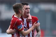 5 August 2019; David Parkhouse, right, of Derry City celebrates with Ciaron Harkin after scoring his side's first goal during the EA Sports Cup semi-final match between Derry City and Waterford United at Ryan McBride Brandywell Stadium in Derry. Photo by Oliver McVeigh/Sportsfile