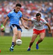 4 August 2019; Diarmuid Connolly of Dublin in action against David Mulgrew of Tyrone during the GAA Football All-Ireland Senior Championship Quarter-Final Group 2 Phase 3 match between Tyrone and Dublin at Healy Park in Omagh, Tyrone. Photo by Brendan Moran/Sportsfile