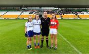 5 August 2019; Referee Jonathan Murphy with Maeve Monaghan, left, and Jayne Drury of Monaghan and Abbie O'Mahony of Cork before the All-Ireland Ladies Football Minor A Championship Final match between Cork and Monaghan at Bord na Móna O'Connor Park in Tullamore, Offaly. Photo by Piaras Ó Mídheach/Sportsfile