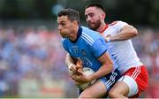 4 August 2019; Paddy Andrews of Dublin in action against Pádraig Hampsey of Tyrone during the GAA Football All-Ireland Senior Championship Quarter-Final Group 2 Phase 3 match between Tyrone and Dublin at Healy Park in Omagh, Tyrone. Photo by Brendan Moran/Sportsfile