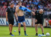 4 August 2019; Diarmuid Connolly of Dublin changes his jersey during the warm-up prior to the GAA Football All-Ireland Senior Championship Quarter-Final Group 2 Phase 3 match between Tyrone and Dublin at Healy Park in Omagh, Tyrone. Photo by Brendan Moran/Sportsfile