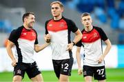 7 August 2019; Georgie Kelly, centre, Brian Gartland, left, and Daniel Kelly of Dundalk during the warm up prior to the UEFA Europa League 3rd Qualifying Round 1st Leg match between SK Slovan Bratislava and Dundalk at Tehelné pole Stadium in Bratislava, Slovakia. Photo by Vid Ponikvar/Sportsfile