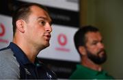 8 August 2019; Captain Rhys Ruddock, left, and defence coach Andy Farrell during an Ireland rugby press conference at Carton House in Maynooth, Kildare. Photo by Brendan Moran/Sportsfile
