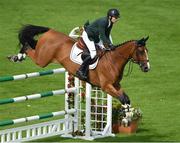 8 August 2019; Capt Brian Cournane from Ireland on Armik competing in the Stablelab Stakes at the Stena Line Dublin Horse Show 2019 at the RDS in Dublin. Photo by Matt Browne/Sportsfile