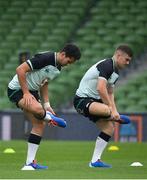 9 August 2019; Luke McGrath, right, and Joey Carbery during the Ireland Rugby Captain's Run at the Aviva Stadium in Dublin. Photo by David Fitzgerald/Sportsfile