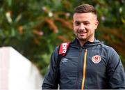 9 August 2019; Mikey Drennan of St Patrick's Athletic arrives prior to the Extra.ie FAI Cup First Round match between St. Patrick’s Athletic and Bray Wanderers at Richmond Park in Dublin. Photo by Ben McShane/Sportsfile
