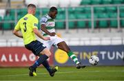 9 August 2019; Daniel Carr of Shamrock Rovers shoots to score his side's first goal as Daniel O'Reilly of Finn Harps closes in during the Extra.ie FAI Cup First Round match between Shamrock Rovers and Finn Harps at Tallaght Stadium in Tallaght, Dublin. Photo by Piaras Ó Mídheach/Sportsfile