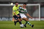 9 August 2019; Mark Timlin of Finn Harps in action against Roberto Lopes of Shamrock Rovers during the Extra.ie FAI Cup First Round match between Shamrock Rovers and Finn Harps at Tallaght Stadium in Tallaght, Dublin. Photo by Piaras Ó Mídheach/Sportsfile