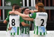 9 August 2019; Dean Williams, centre, of Bray Wanderers celebrates after scoring his side's first goal with team-mates during the Extra.ie FAI Cup First Round match between St. Patrick’s Athletic and Bray Wanderers at Richmond Park in Dublin. Photo by Ben McShane/Sportsfile