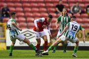 9 August 2019; Ronan Hale of St Patrick's Athletic in action against Philip Gannon, left, and Brandon McCann of Bray Wanderers during the Extra.ie FAI Cup First Round match between St. Patrick’s Athletic and Bray Wanderers at Richmond Park in Dublin. Photo by Ben McShane/Sportsfile