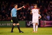 9 August 2019; Jaze Kabia of Shelbourne receives a red card from referee Robert Harvey during the Extra.ie FAI Cup First Round match between Bohemians and Shelbourne at Dalymount Park in Dublin. Photo by Stephen McCarthy/Sportsfile
