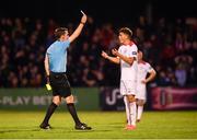 9 August 2019; Jaze Kabia of Shelbourne receives a red card from referee Robert Harvey during the Extra.ie FAI Cup First Round match between Bohemians and Shelbourne at Dalymount Park in Dublin. Photo by Stephen McCarthy/Sportsfile