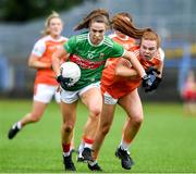 10 August 2019; Sinead Cafferky of Mayo in action against Niamh Marley of Armagh during the TG4 All-Ireland Ladies Football Senior Championship Quarter-Final match between Mayo and Armagh at Glennon Brothers Pearse Park in Longford. Photo by Matt Browne/Sportsfile